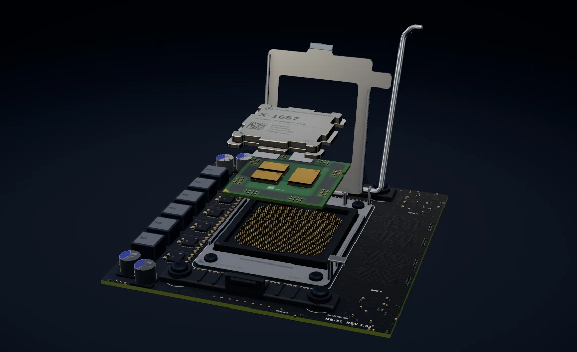 A desktop processor pulled apart in 3D: its lid, compute dies, and socket separated
